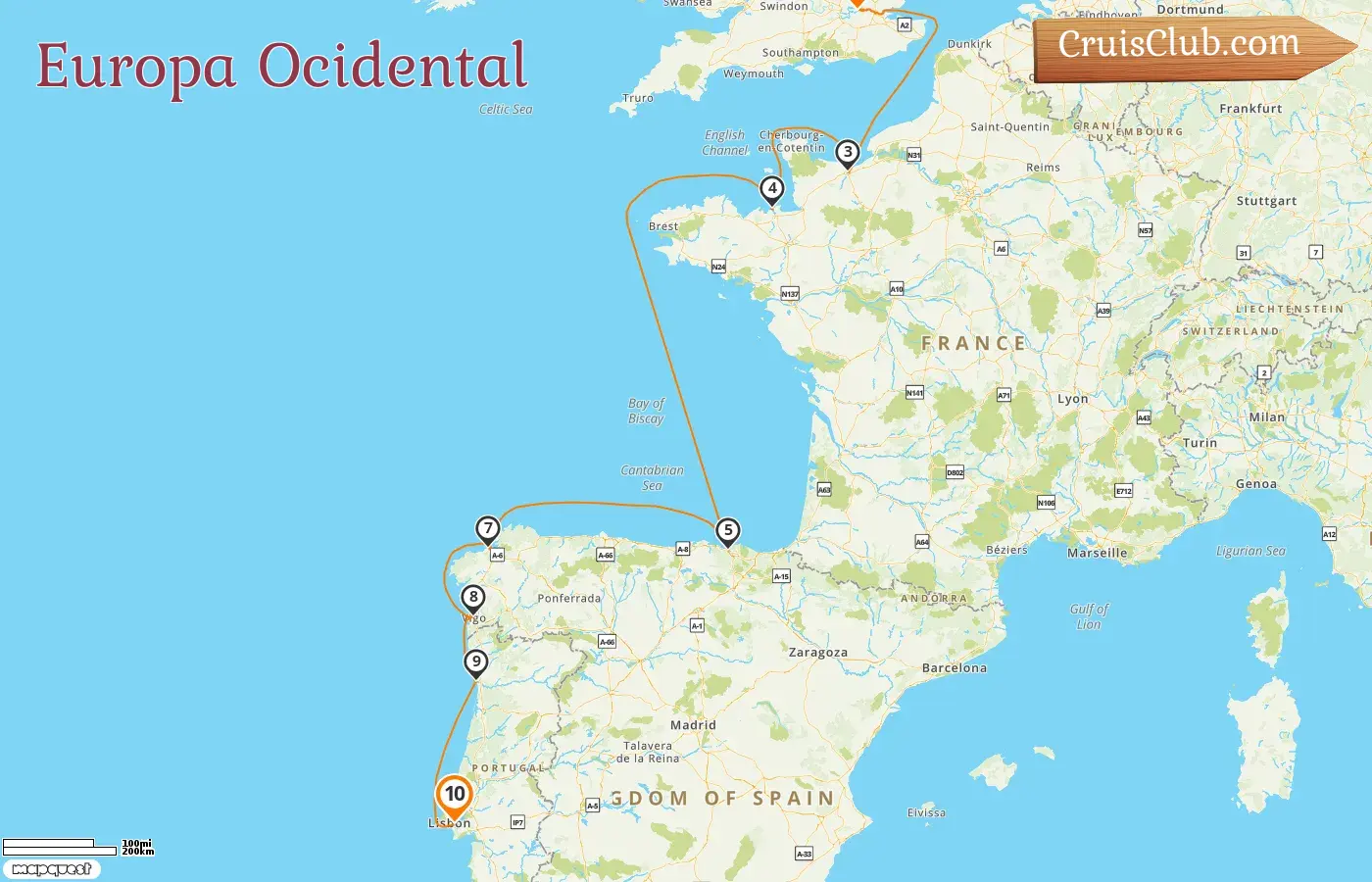 Cruzeiro na Europa Ocidental de Londres a Lisboa a bordo do navio Le Champlain com visitas a França e Espanha por 10 dias