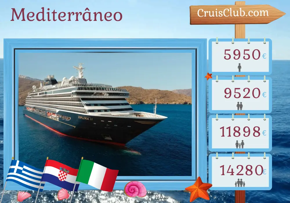 Cruzeiro no Mediterrâneo de Pireu para Fusina a bordo do navio EXPLORA II com visitas à Grécia, Croácia e Itália por 8 dias
