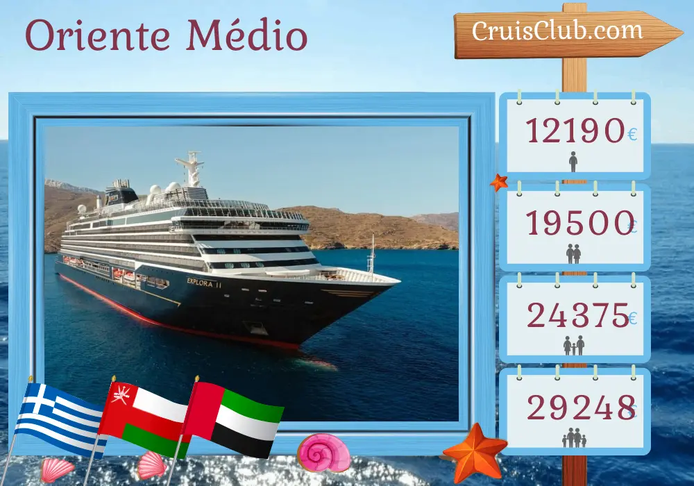 Cruzeiro no Oriente Médio de Pireu para Dubai a bordo do navio EXPLORA II com visitas à Grécia, Egito, Arábia Saudita, Omã e Emirados Árabes Unidos por 16 dias