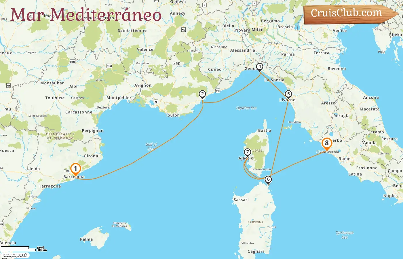 Crucero en el Mediterráneo de Barcelona a Civitavecchia a bordo del barco EXPLORA I con visitas a España, Francia e Italia durante 8 días