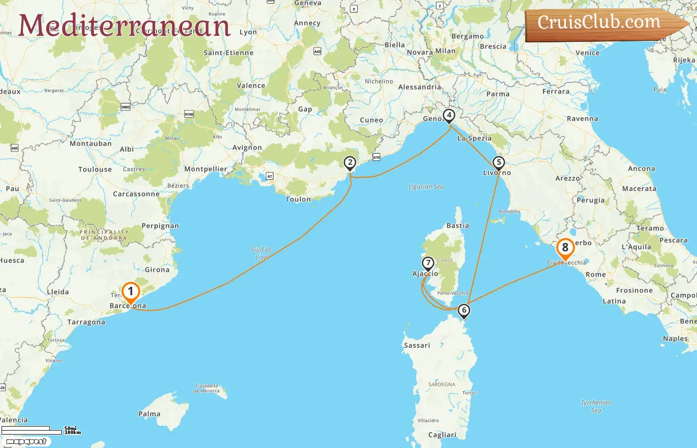 Cruise in the Mediterranean from Barcelona to Civitavecchia aboard EXPLORA I ship with visits to Spain, France, and Italy for 8 days