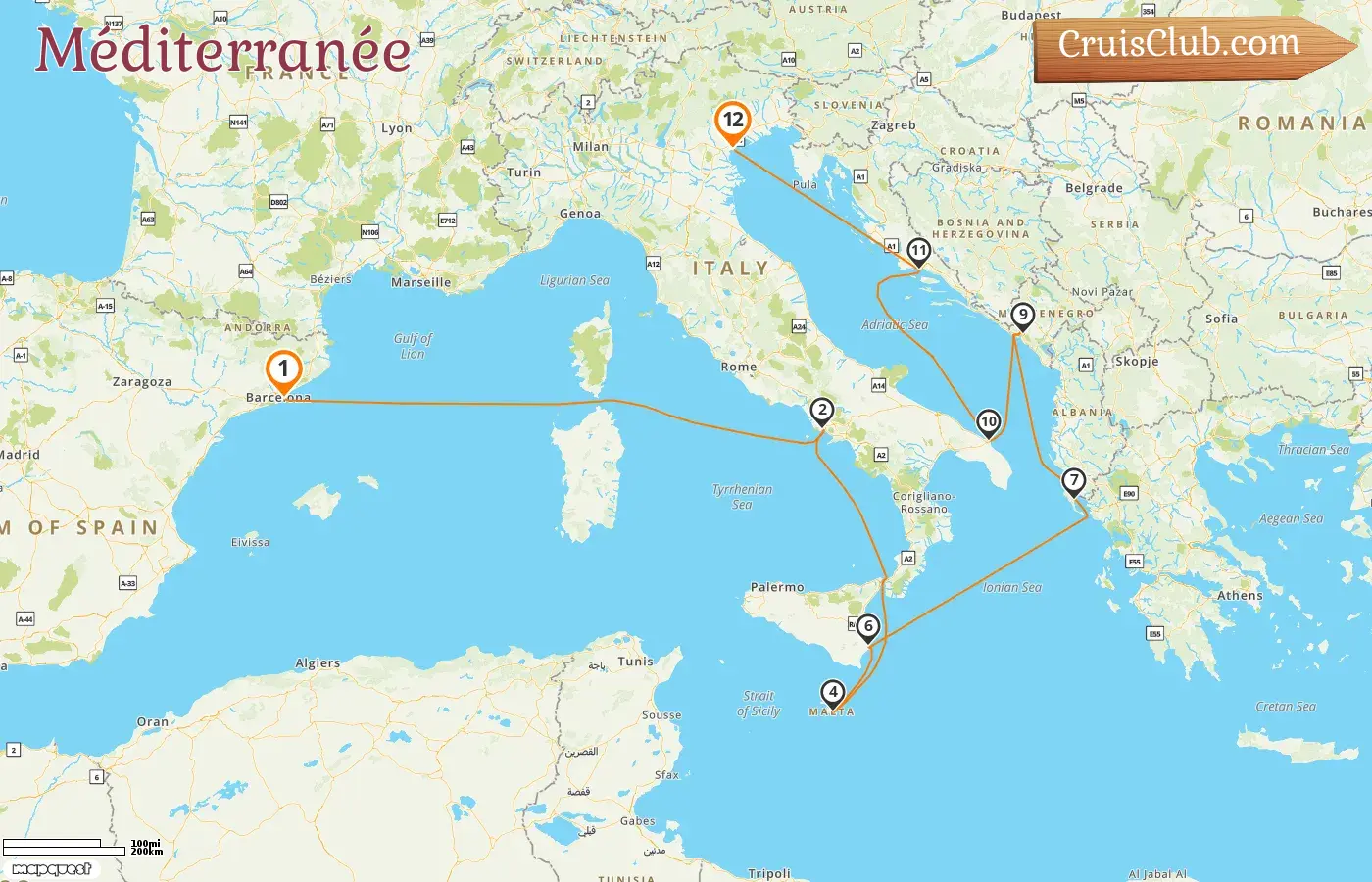 Croisière en Méditerranée de Barcelone à Fusina à bord du navire EXPLORA I avec des visites en Espagne, en Italie, à Malte, en Grèce, au Monténégro et en Croatie pendant 12 jours