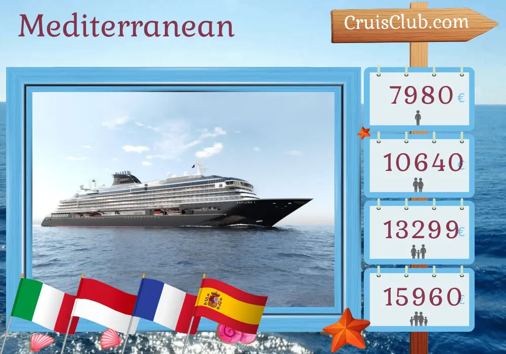 Cruise in the Mediterranean from Civitavecchia to Barcelona aboard EXPLORA I ship with visits to Italy, Monaco, France, and Spain for 8 days