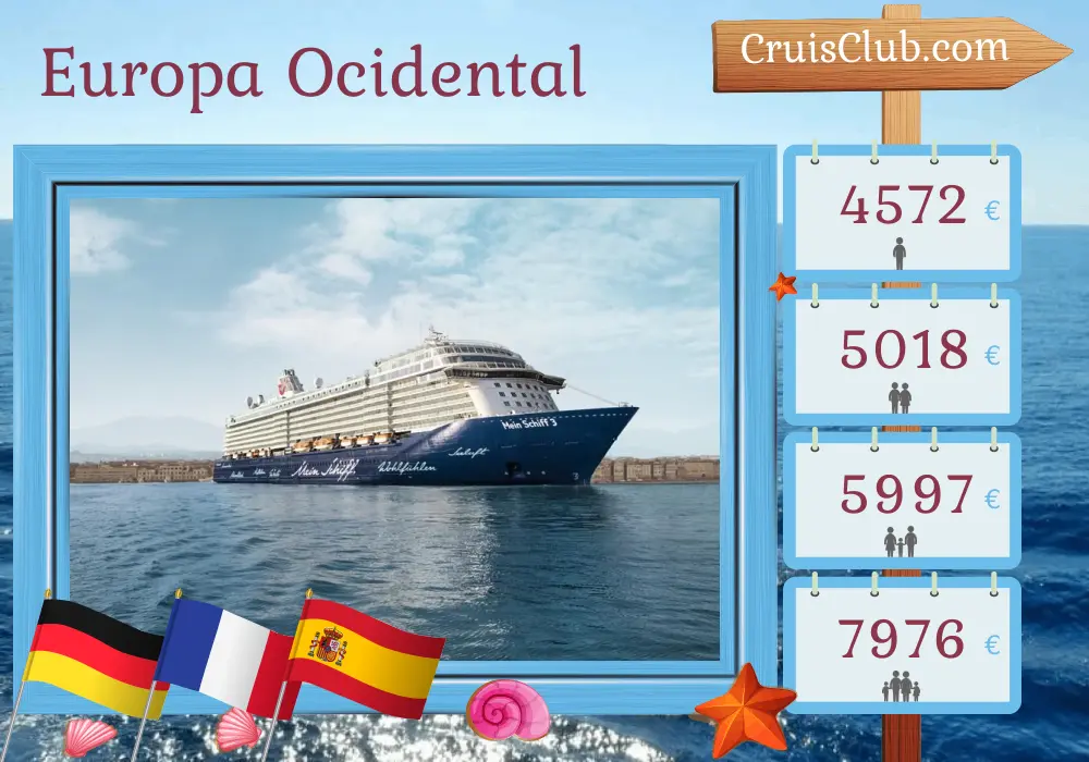 Cruzeiro no Oeste da Europa saindo de Bremerhaven a bordo do navio Mein Schiff 3 com visitas à Alemanha, França e Espanha por 15 dias