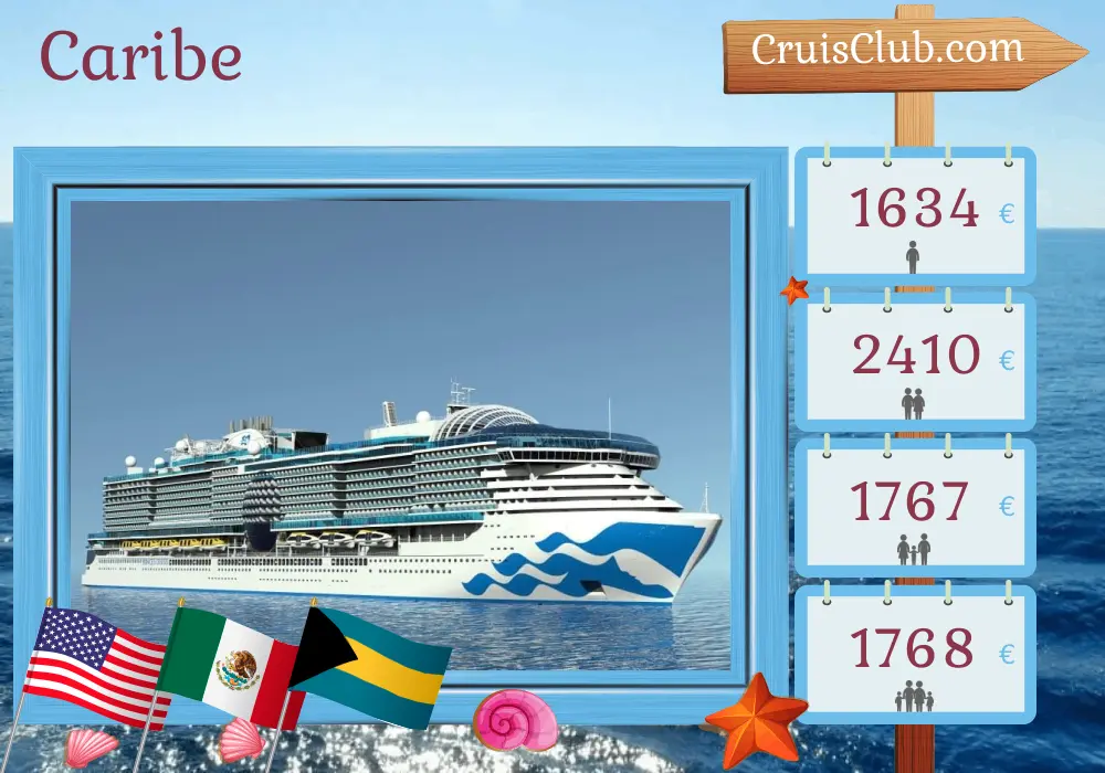 Cruzeiro no Caribe de Fort Lauderdale a bordo do navio Sun Princess com visitas aos EUA, Honduras, México e Bahamas por 8 dias