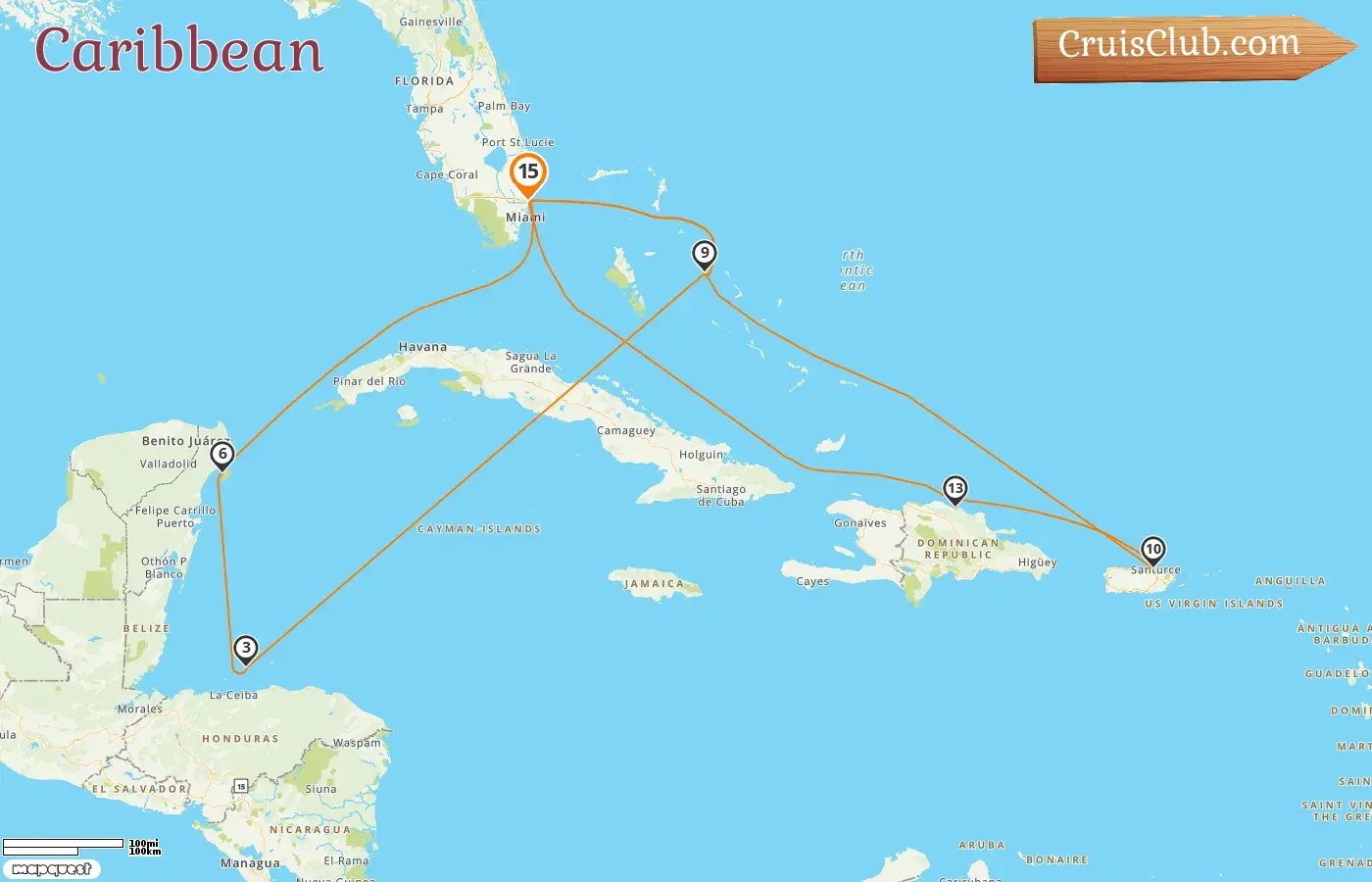 Cruise in the Caribbean from Fort Lauderdale aboard Sun Princess ship with visits to USA, Bahamas, Honduras, Mexico, Puerto Rico, and Dominican Republic for 15 days