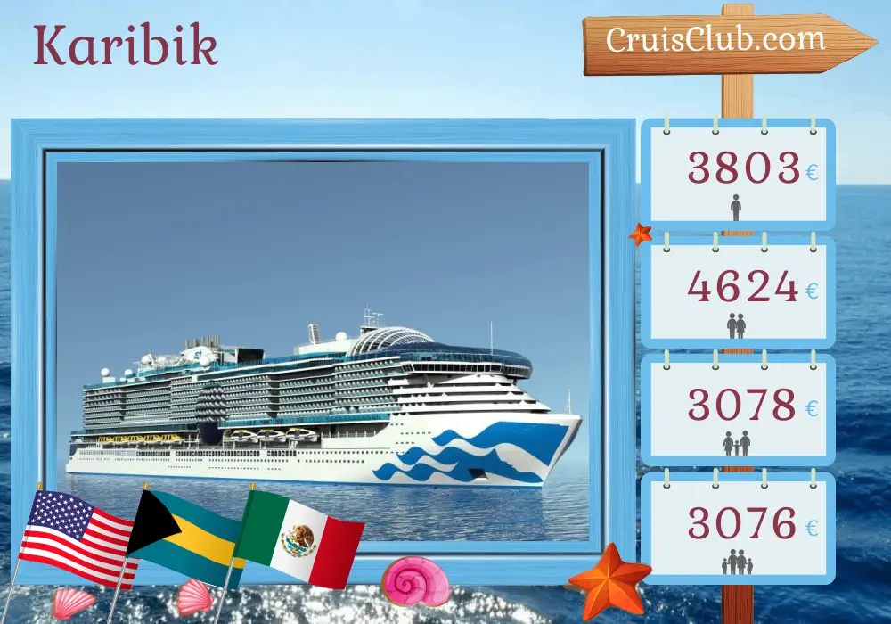 Kreuzfahrt in der Karibik ab Fort Lauderdale an Bord des Schiffes Sun Princess mit Stopps in den USA, den Bahamas, Honduras, Mexiko, Puerto Rico und der Dominikanischen Republik für 15 Tage