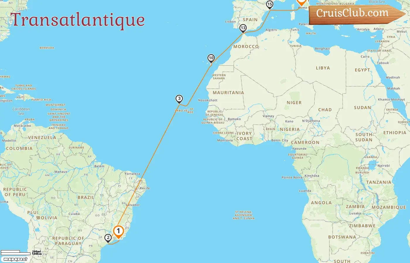 Croisière transatlantique de Rio de Janeiro à Civitavecchia à bord du navire MSC Armonia avec des visites au Brésil, en Espagne, au Maroc et en Italie pendant 18 jours
