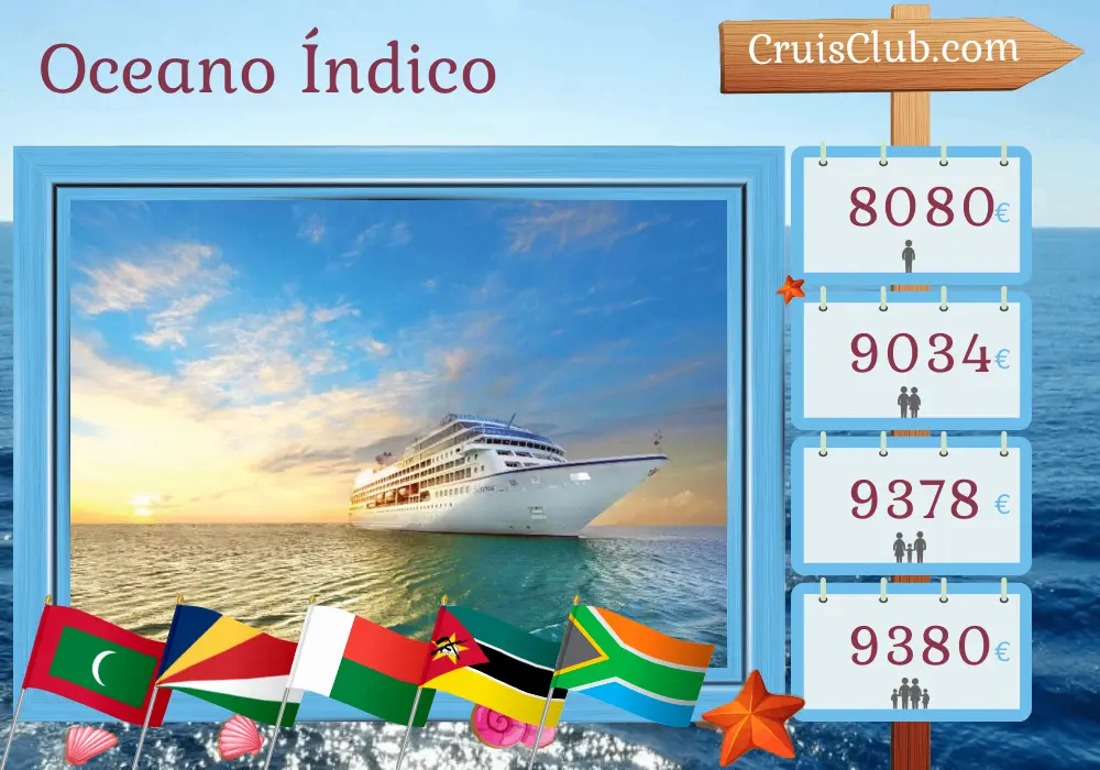 Cruzeiro no Oceano Índico de Mumbai / Bombaim para Cidade do Cabo a bordo do navio Oceania Sirena com visitas à Índia, Maldivas, Seychelles, Madagascar, Mayotte, Moçambique e África do Sul por 21 dias