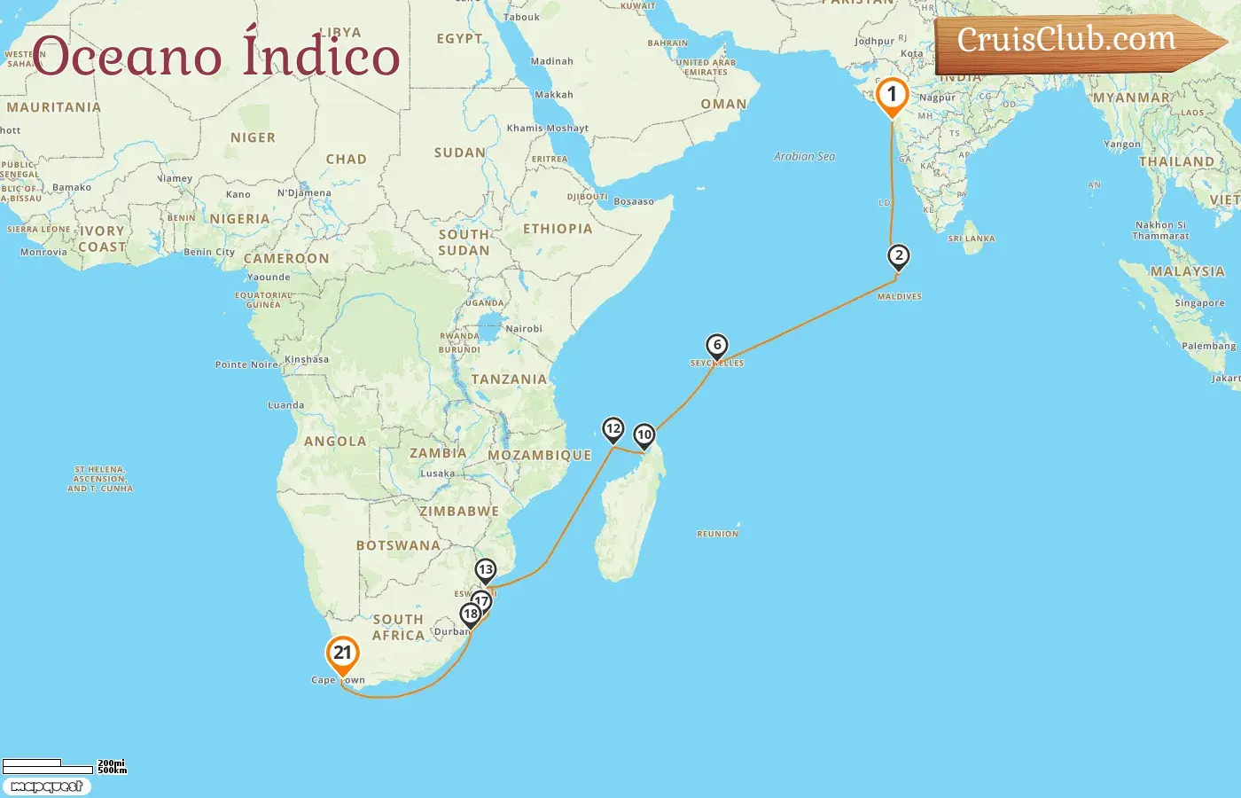 Cruzeiro no Oceano Índico de Mumbai / Bombaim para Cidade do Cabo a bordo do navio Oceania Sirena com visitas à Índia, Maldivas, Seychelles, Madagascar, Mayotte, Moçambique e África do Sul por 21 dias