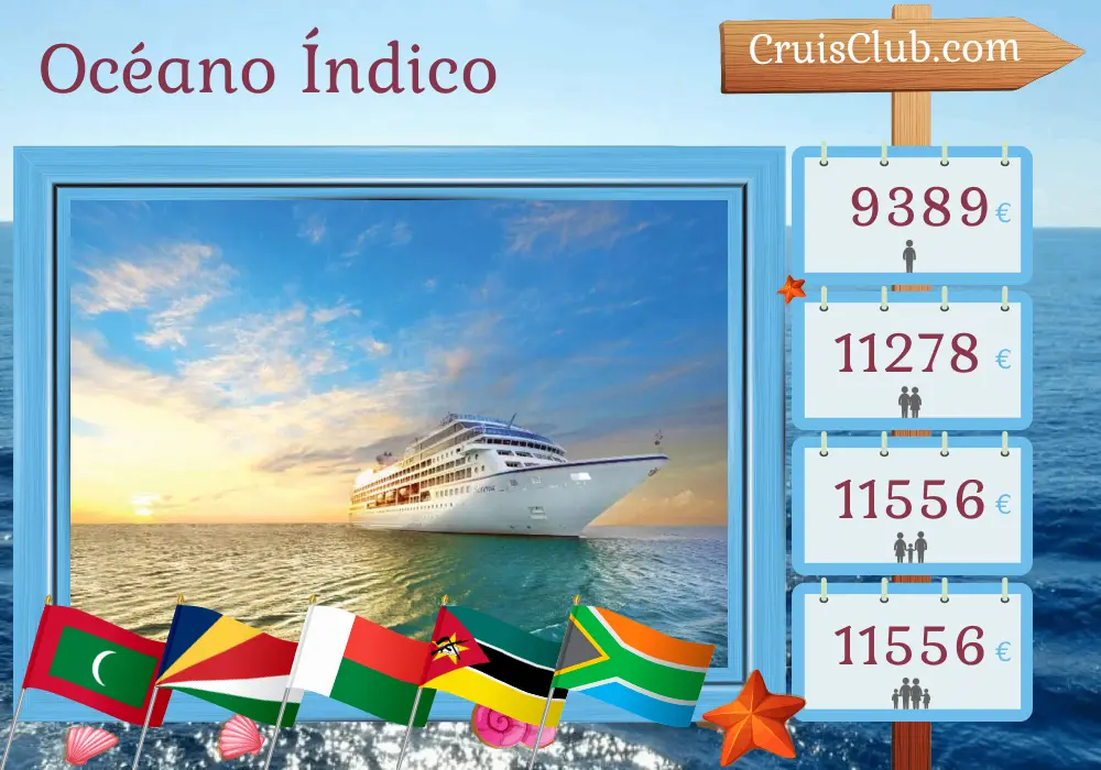 Crucero en el Océano Índico de Mumbai / Bombay a Ciudad del Cabo a bordo del barco Oceania Sirena con visitas a la India, Maldivas, Seychelles, Madagascar, Mayotte, Mozambique y Sudáfrica durante 21 días