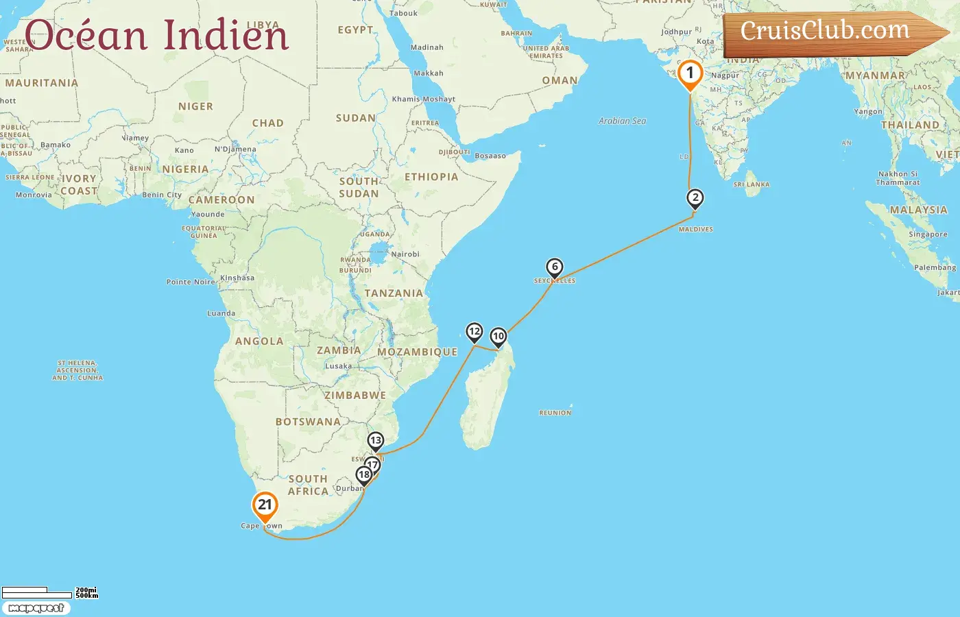 Croisière dans l`océan Indien de Mumbai / Bombay au Cap à bord du navire Oceania Sirena avec des visites en Inde, aux Maldives, aux Seychelles, à Madagascar, à Mayotte, au Mozambique et en Afrique du Sud pendant 21 jours