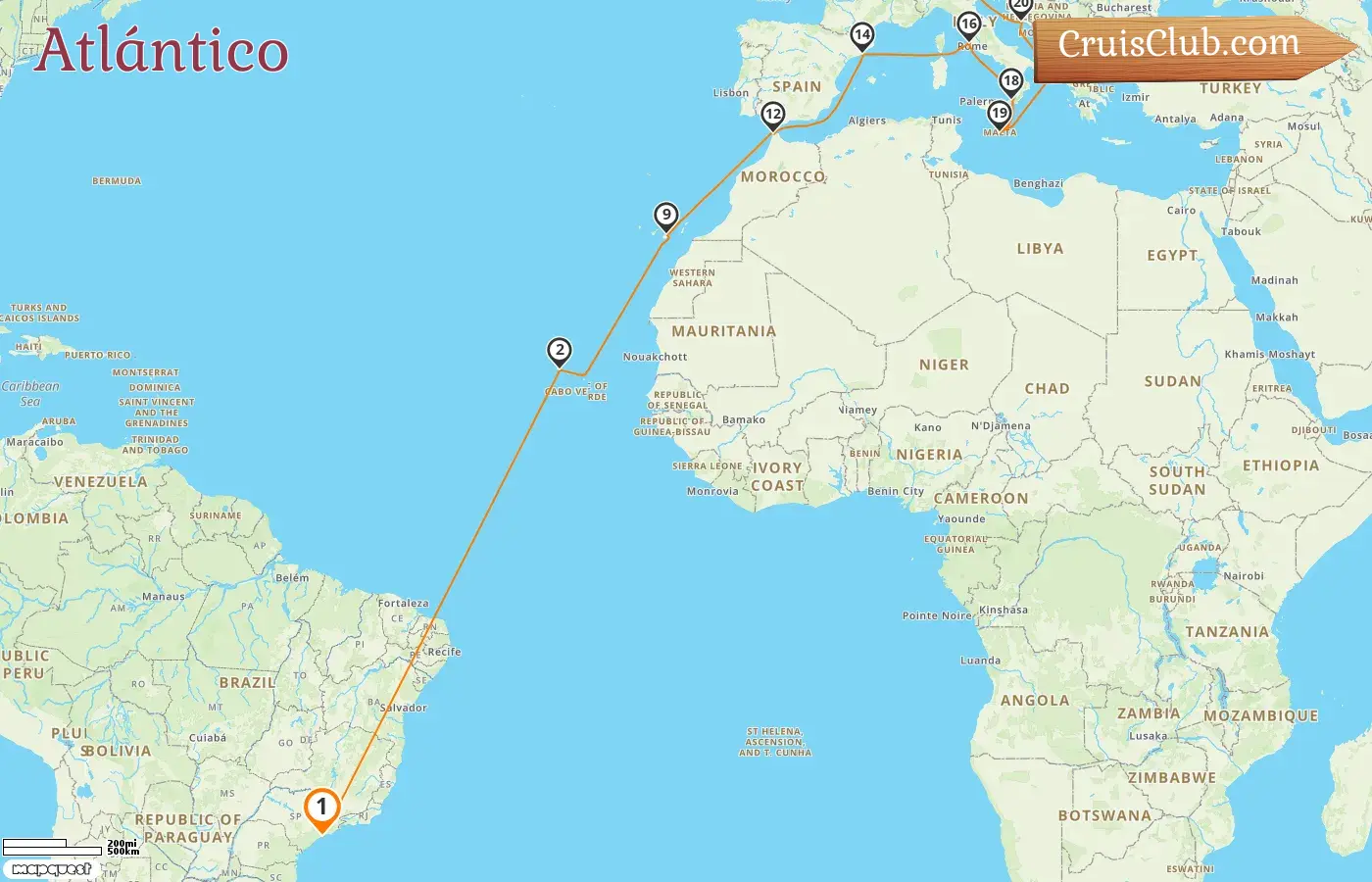 Crucero por el Atlántico desde Saints hasta Marghera a bordo del barco MSC Armonia con visitas a Brasil, España, Marruecos, Italia, Malta y Croacia durante 22 días