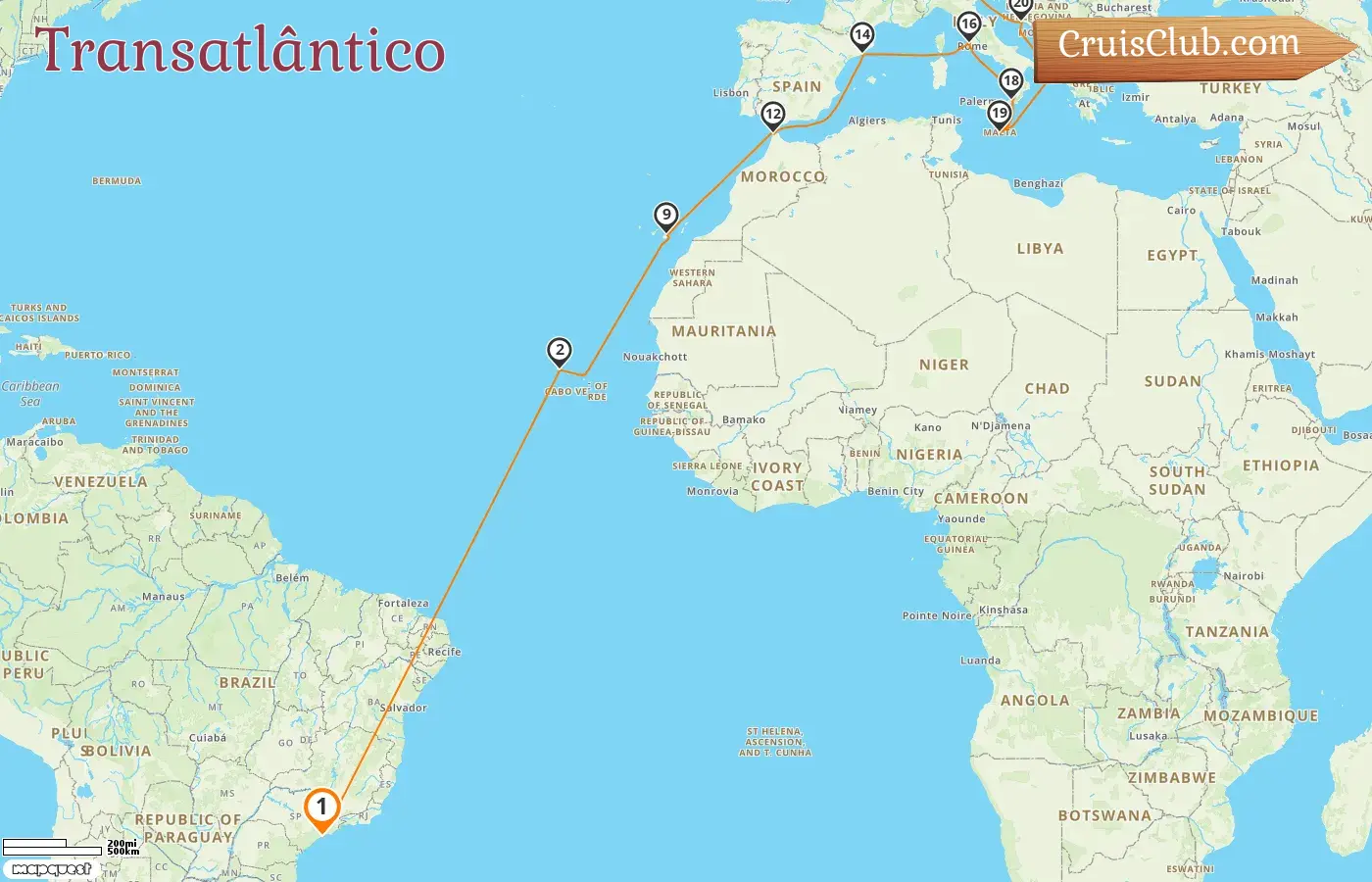 Cruzeiro transatlântico de Saints para Marghera a bordo do navio MSC Armonia com visitas ao Brasil, Espanha, Marrocos, Itália, Malta e Croácia por 22 dias