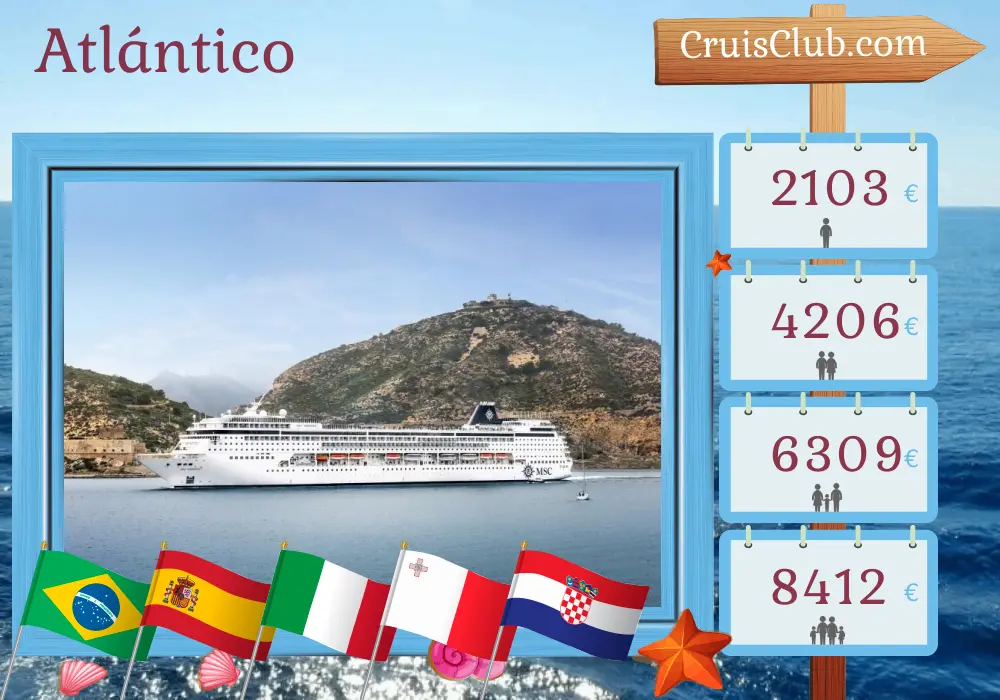 Crucero por el Atlántico desde Saints hasta Marghera a bordo del barco MSC Armonia con visitas a Brasil, España, Marruecos, Italia, Malta y Croacia durante 22 días
