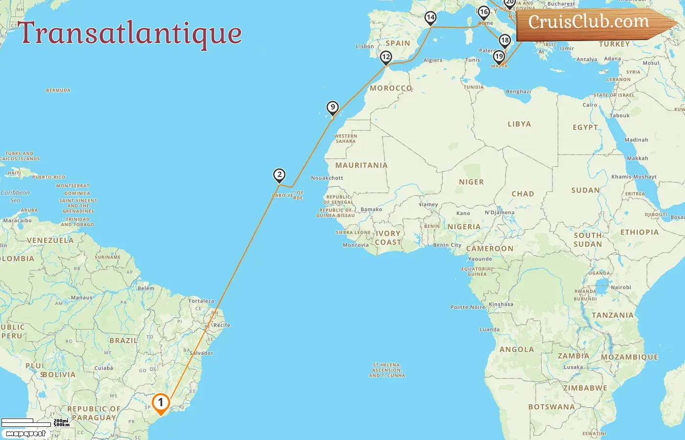 Croisière Transatlantique de Saints à Marghera à bord du navire MSC Armonia avec des escales au Brésil, en Espagne, au Maroc, en Italie, à Malte et en Croatie pendant 22 jours