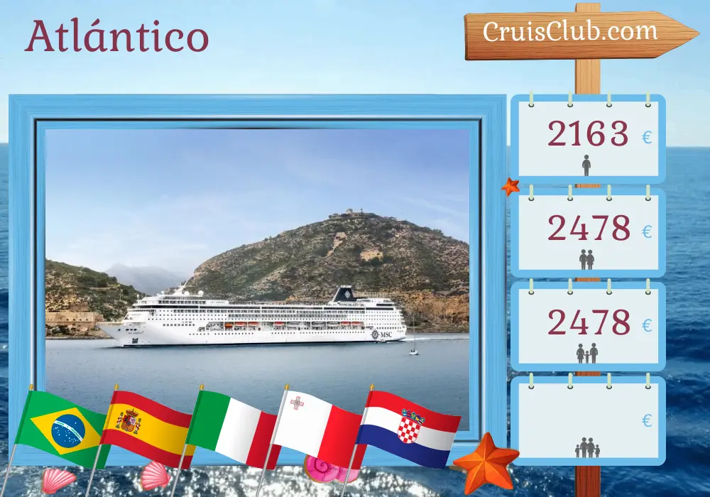 Crucero por el Atlántico desde Saints hasta Marghera a bordo del barco MSC Armonia con visitas a Brasil, España, Marruecos, Italia, Malta y Croacia durante 22 días