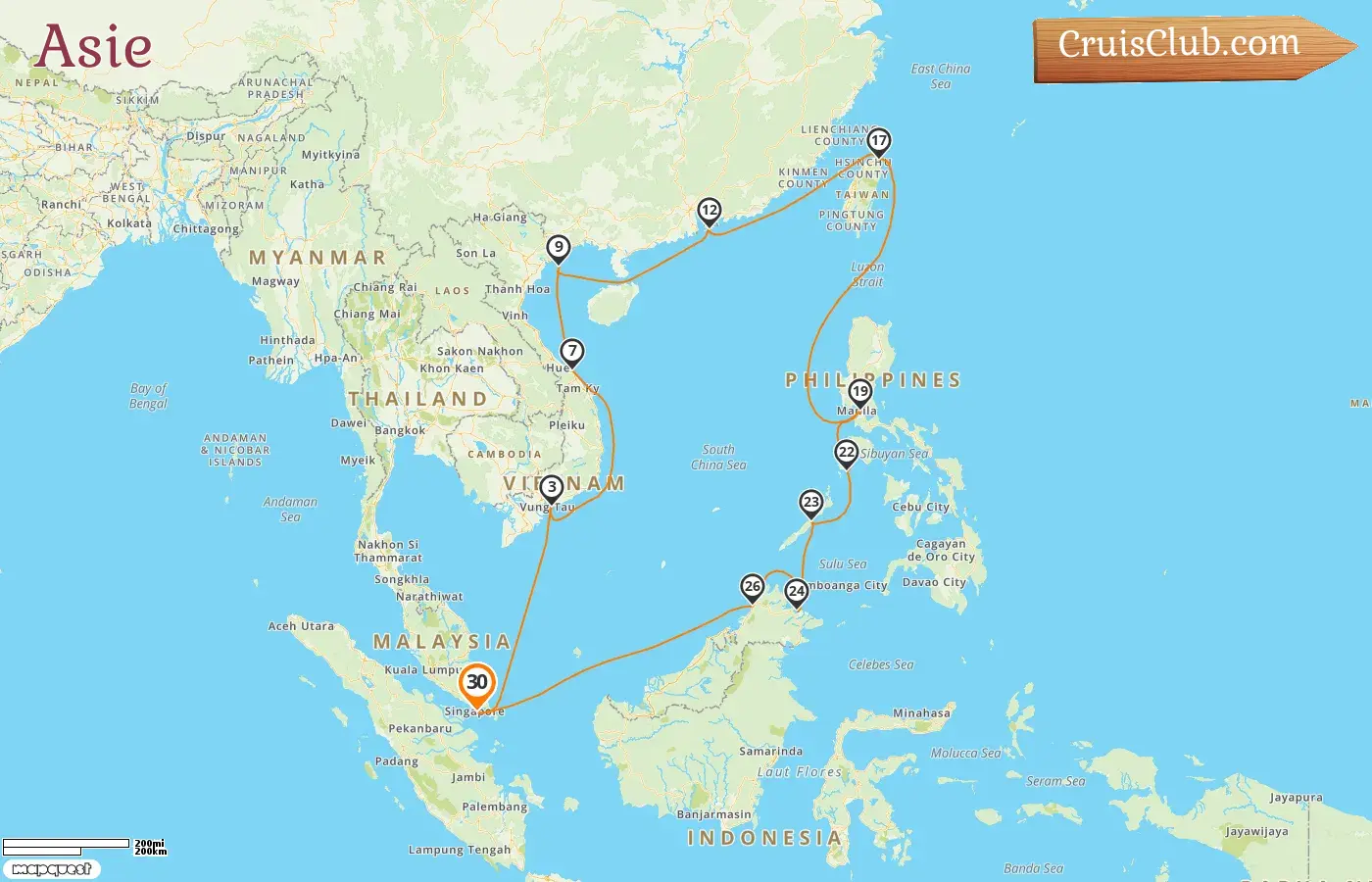 Croisière en Asie au départ de Singapour à bord du navire Silver Muse avec des escales à Singapour, au Viêt Nam, à Hong Kong, à Taïwan, aux Philippines et en Malaisie pendant 31 jours