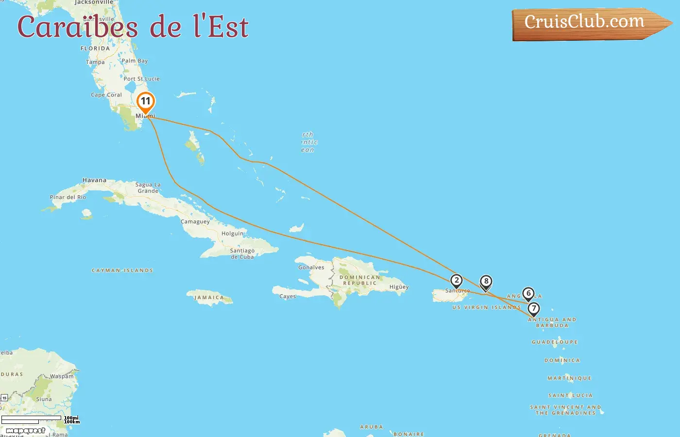 Croisière dans les Caraïbes de l`Est au départ de Miami à bord du navire Silver Shadow avec des escales aux États-Unis, à Puerto Rico, à Saint-Barthélemy, à Saint-Kitts-et-Nevis et aux îles Vierges britanniques pour 11 jours