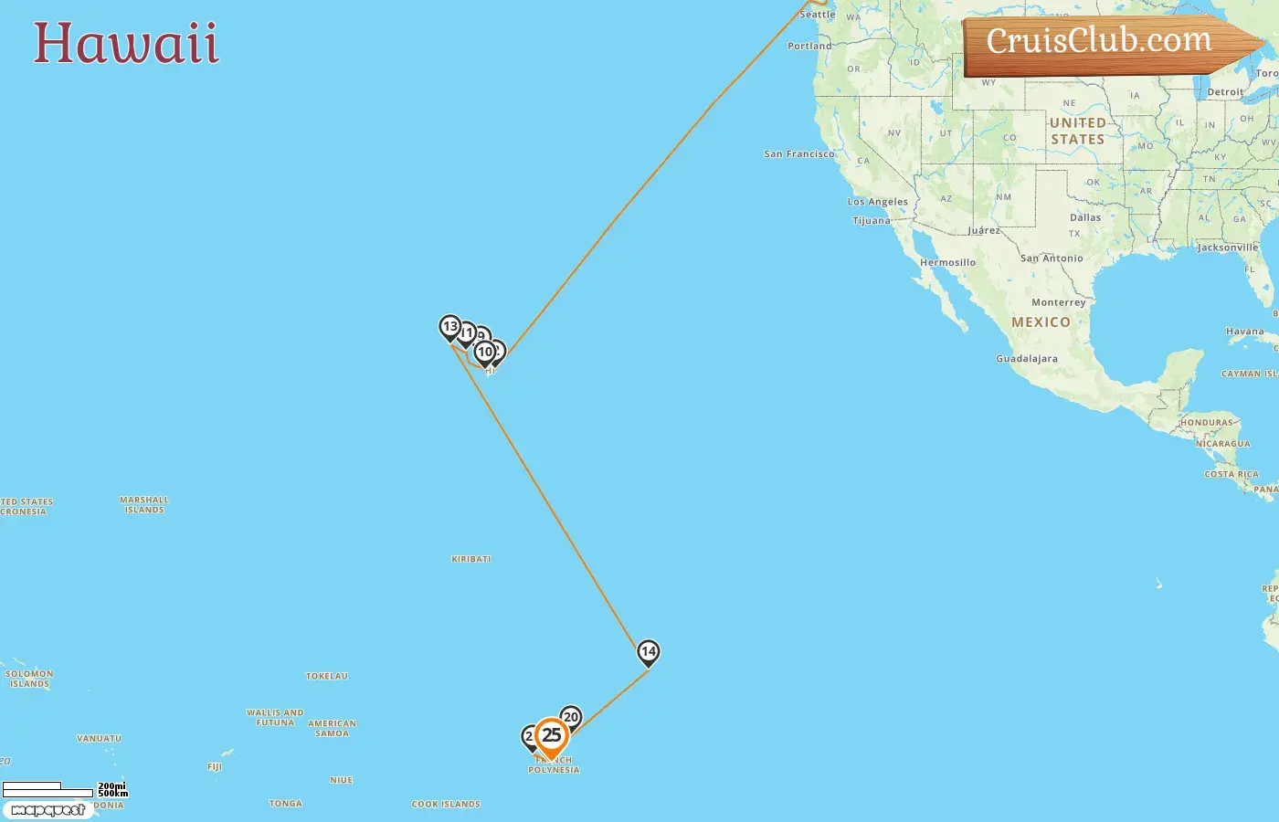 Cruise in the Hawaii from Vancouver to Papeete aboard Silver Whisper ship with visits to Canada, USA, and French Polynesia for 25 days