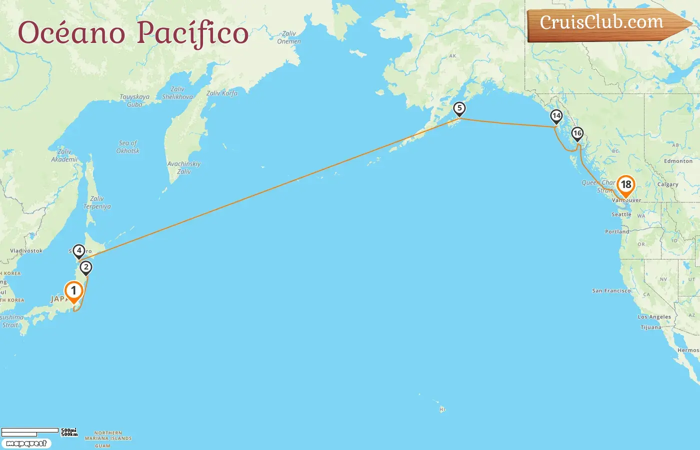 Crucero en el Océano Pacífico de Tokio a Vancouver a bordo del barco Silver Moon con visitas a Japón, EE. UU. y Canadá durante 18 días