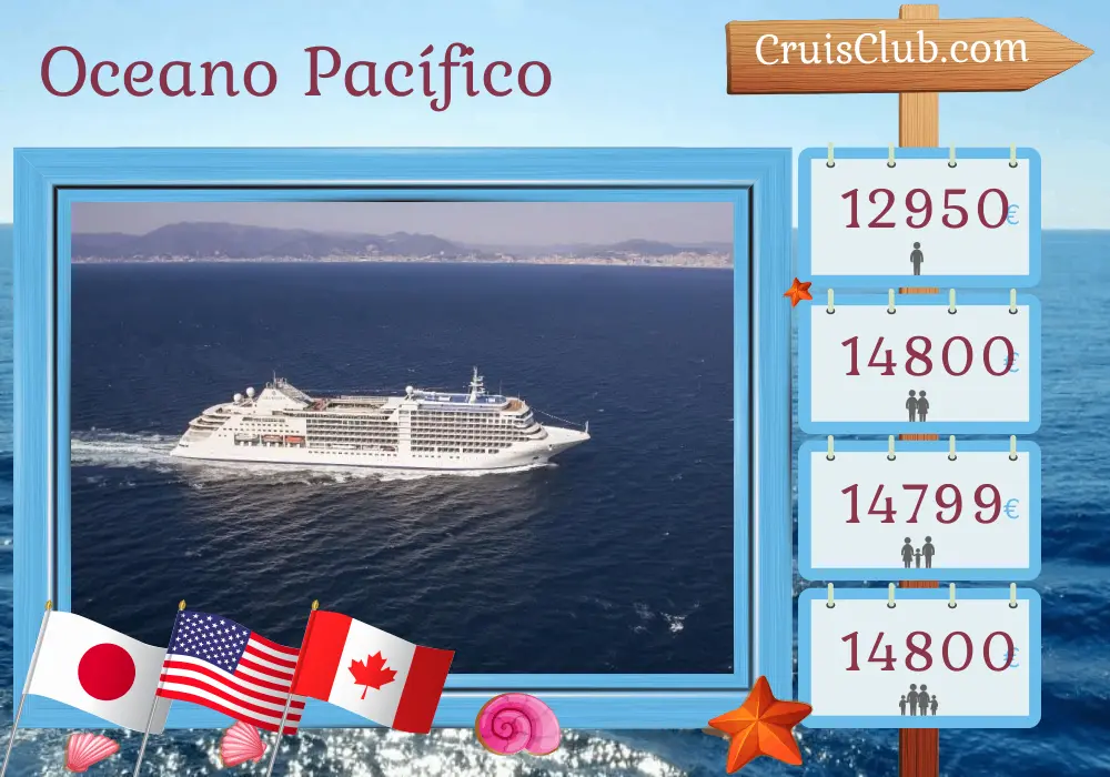 Cruzeiro no Oceano Pacífico de Tóquio a Vancouver a bordo do navio Silver Moon com visitas ao Japão, EUA e Canadá por 18 dias