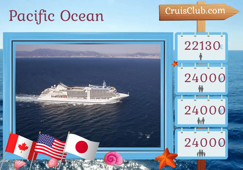 Cruise in the Pacific Ocean from Vancouver to Tokyo aboard Silver Moon ship with visits to Canada, USA, and Japan for 23 days