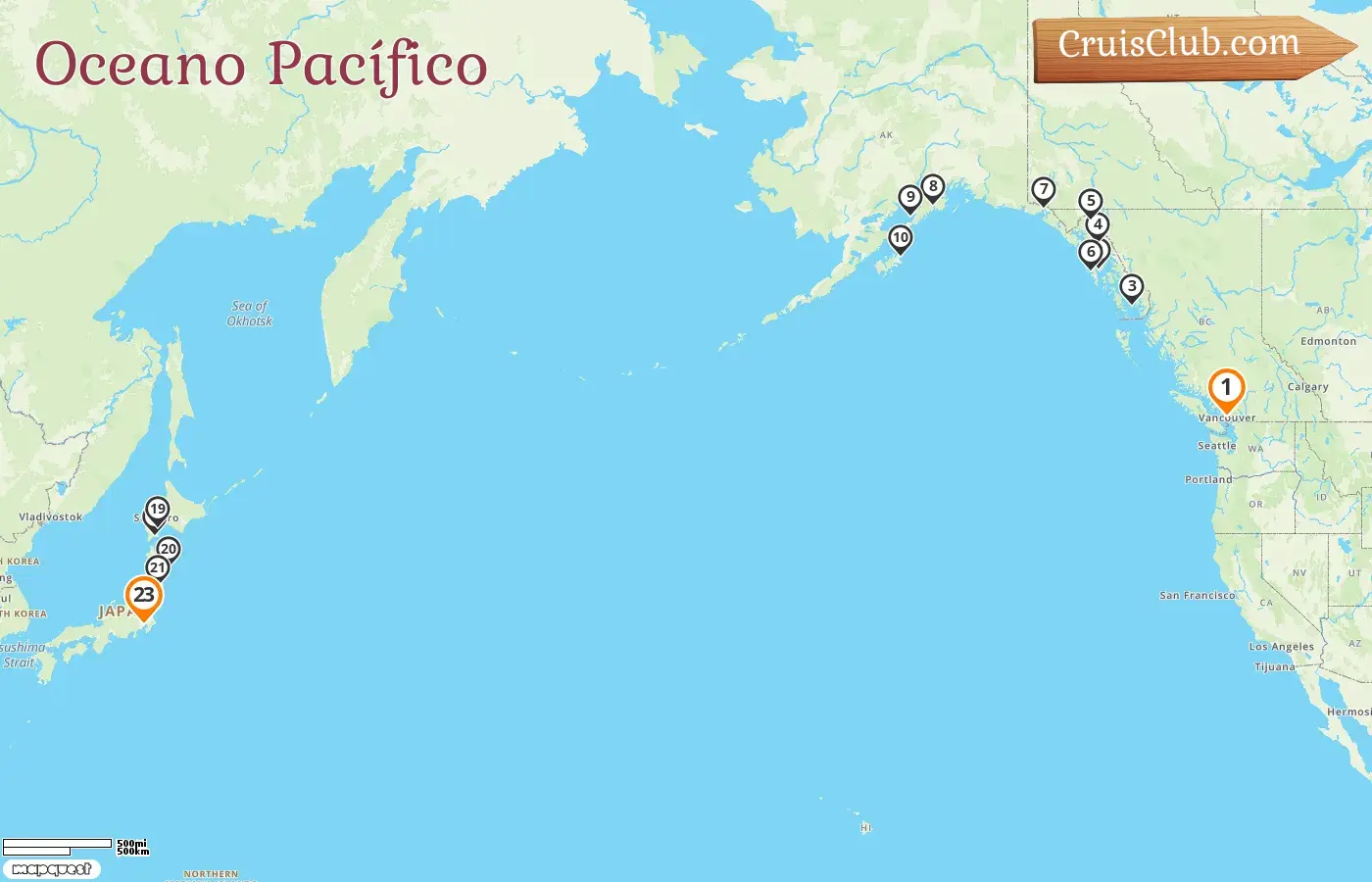 Cruzeiro no Oceano Pacífico de Vancouver para Tóquio a bordo do navio Silver Moon com paradas no Canadá, EUA e Japão por 23 dias