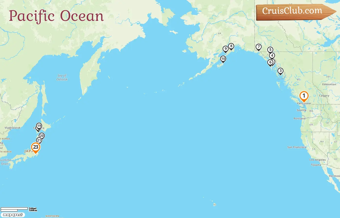 Cruise in the Pacific Ocean from Vancouver to Tokyo aboard Silver Moon ship with visits to Canada, USA, and Japan for 23 days