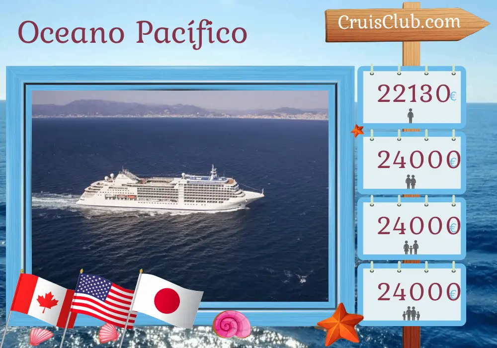 Cruzeiro no Oceano Pacífico de Vancouver para Tóquio a bordo do navio Silver Moon com paradas no Canadá, EUA e Japão por 23 dias