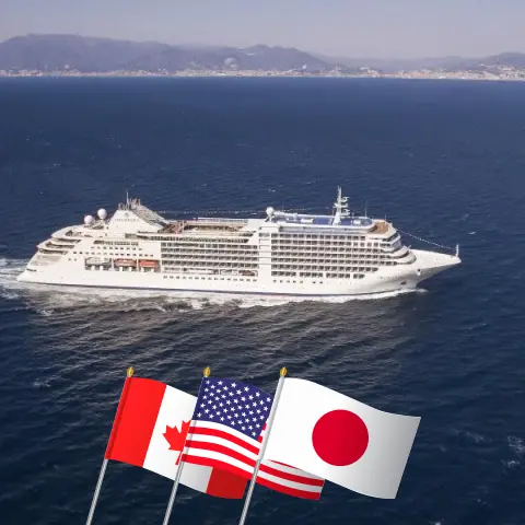 Cruise in the Pacific Ocean from Vancouver to Tokyo aboard Silver Moon ship with visits to Canada, USA, and Japan for 23 days