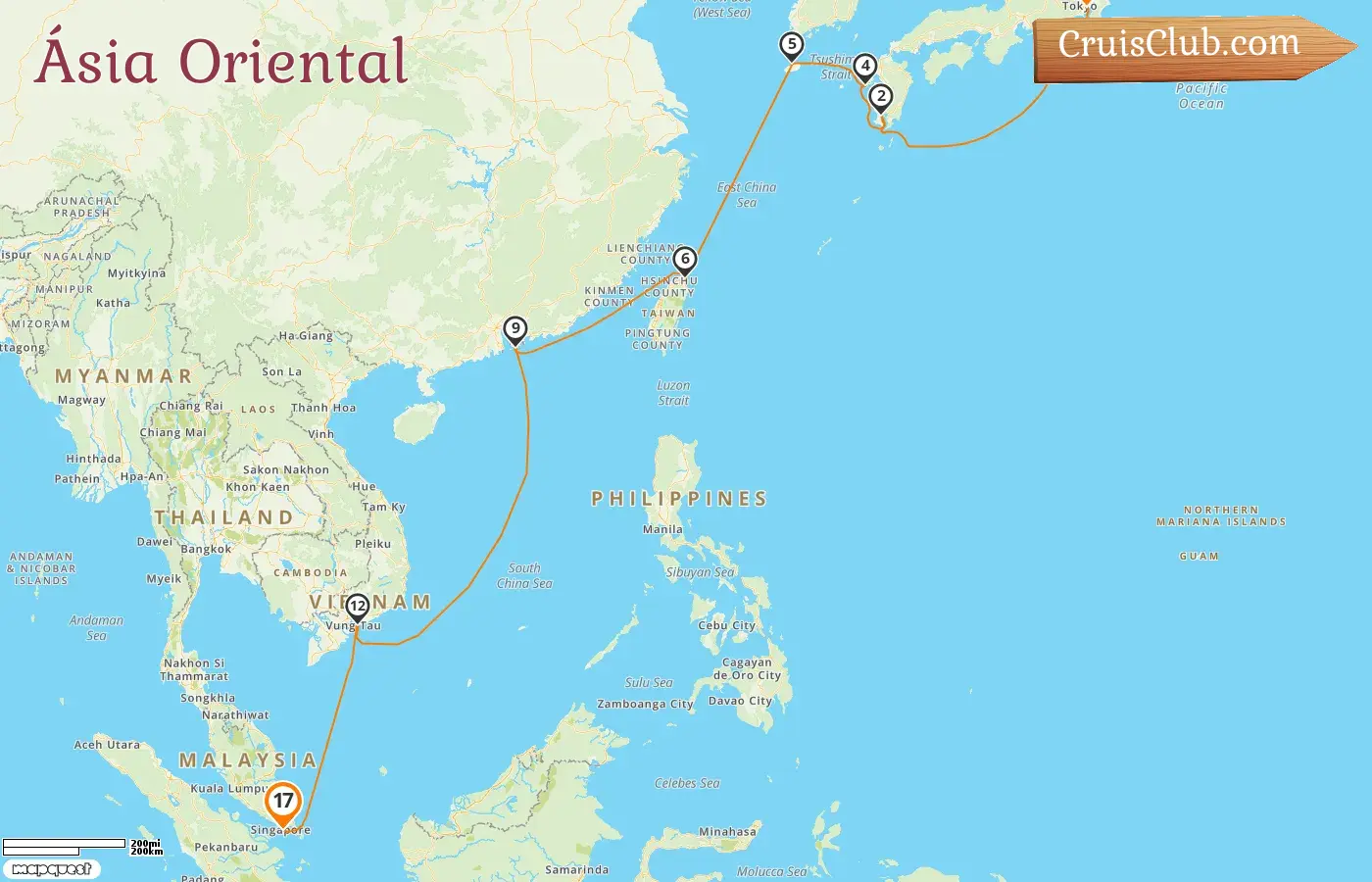 Cruzeiro no Leste da Ásia de Tóquio a Singapura a bordo do navio Silver Moon com visitas ao Japão, Coreia do Sul, Taiwan, Hong Kong, Vietnã e Singapura por 17 dias