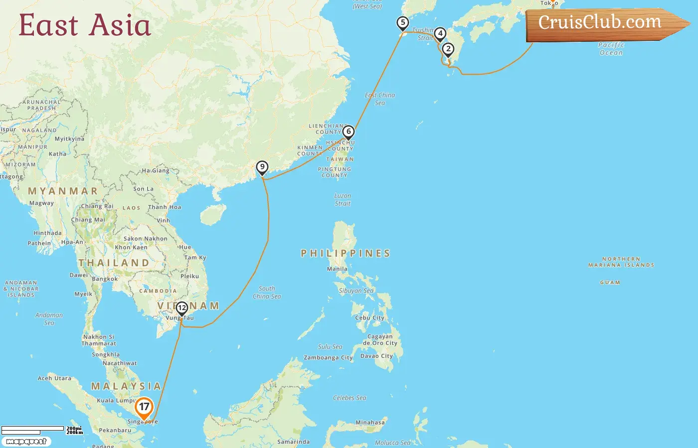 Cruise in the East Asia from Tokyo to Singapore aboard Silver Moon ship with visits to Japan, South Korea, Taiwan, Hong Kong, Viet Nam, and Singapore for 17 days