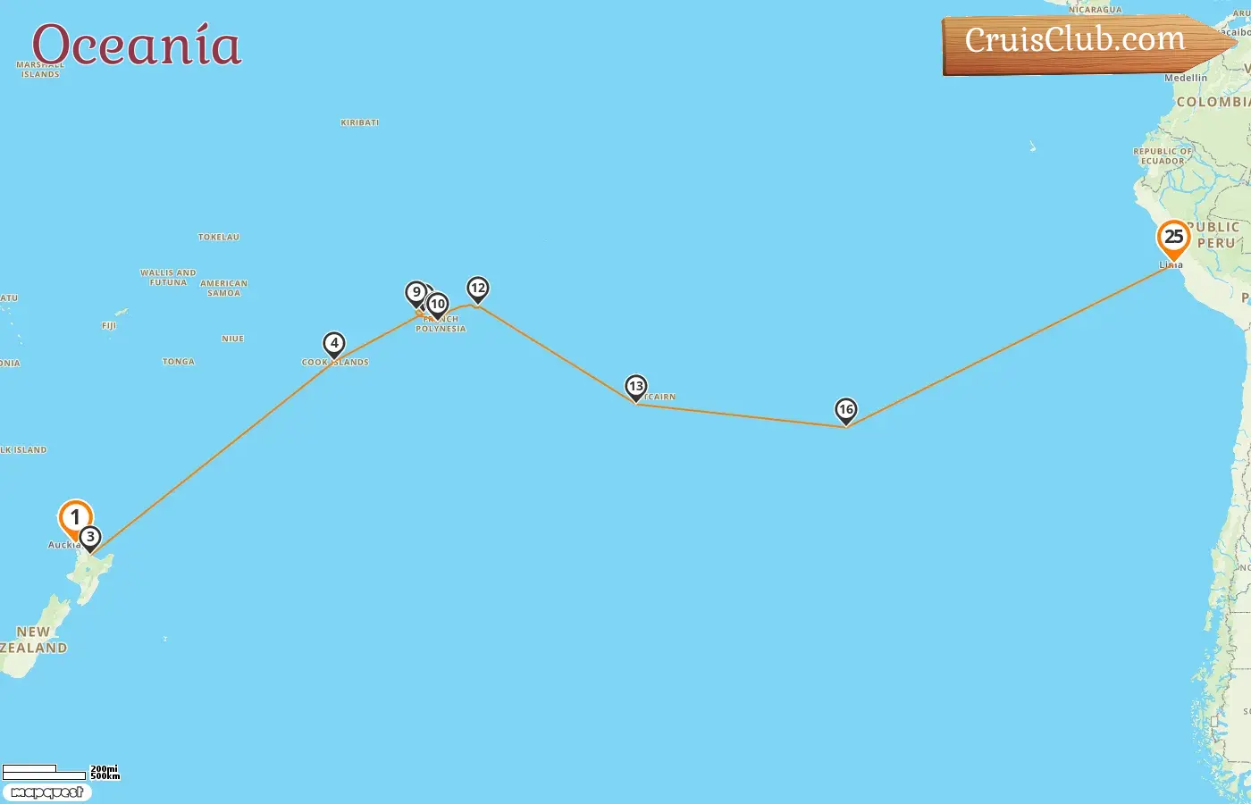 Crucero en el Pacífico Sur desde Auckland a Callao a bordo del barco Amera con visitas a Nueva Zelanda, Islas Cook, Polinesia Francesa, Pitcairn, Chile y Perú por 25 días