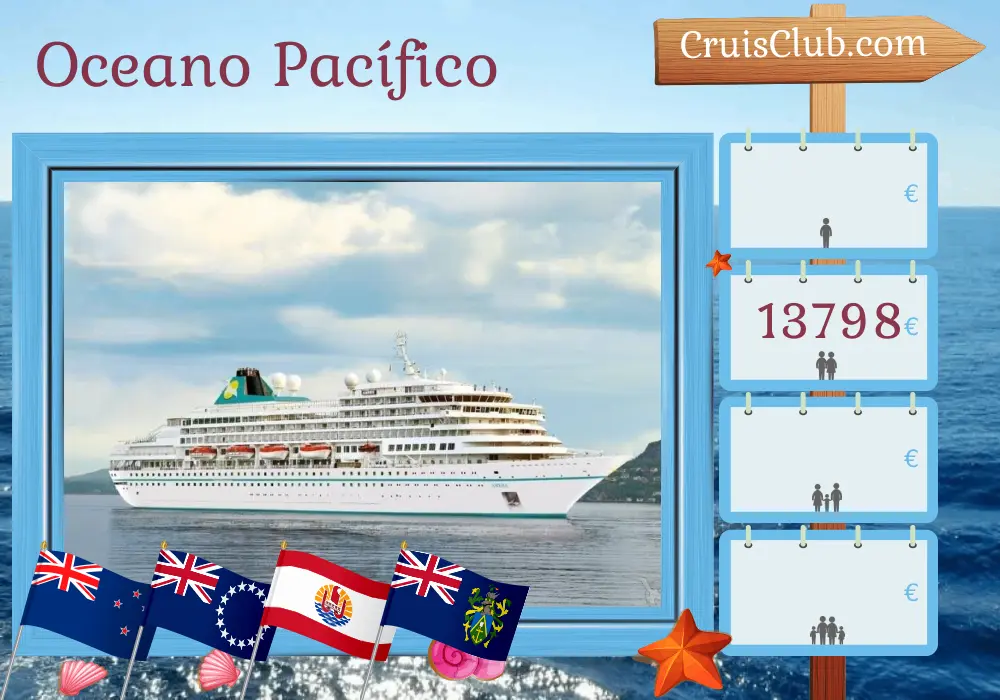 Cruzeiro no Sul do Pacífico de Auckland para Callao a bordo do navio Amera com visitas à Nova Zelândia, Ilhas Cook, Polinésia Francesa, Pitcairn, Chile e Peru por 25 dias