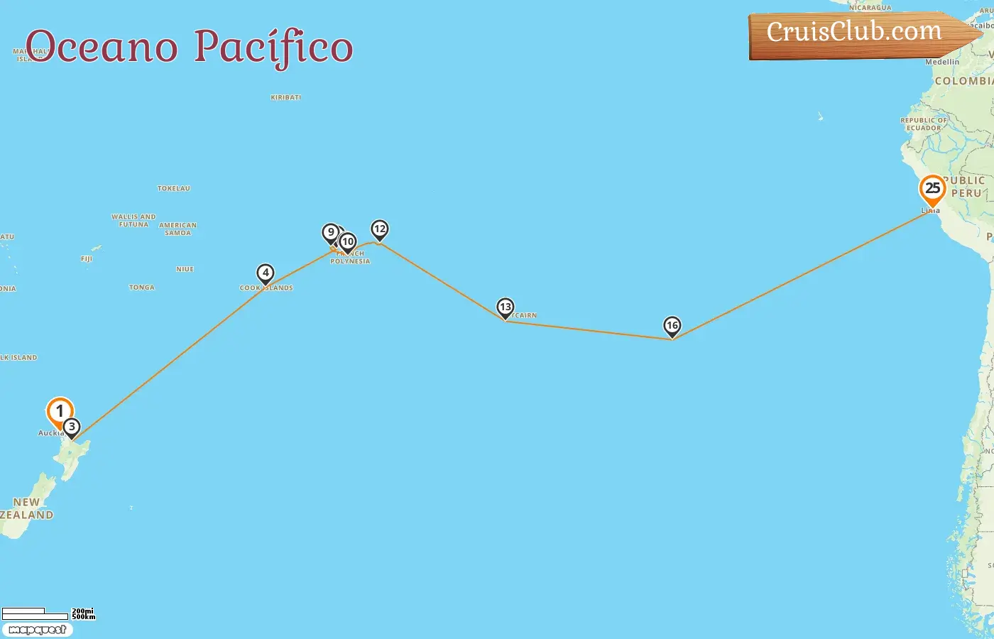 Cruzeiro no Sul do Pacífico de Auckland para Callao a bordo do navio Amera com visitas à Nova Zelândia, Ilhas Cook, Polinésia Francesa, Pitcairn, Chile e Peru por 25 dias