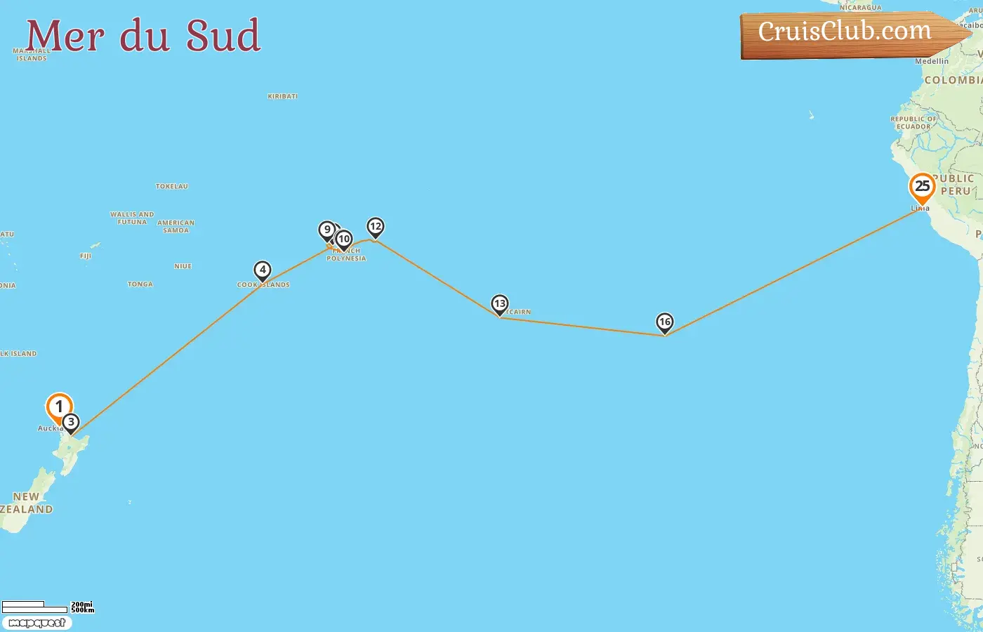Croisière dans le Pacifique Sud de Auckland à Callao à bord du navire Amera avec des visites en Nouvelle-Zélande, aux îles Cook, en Polynésie française, à Pitcairn, au Chili et au Pérou pendant 25 jours