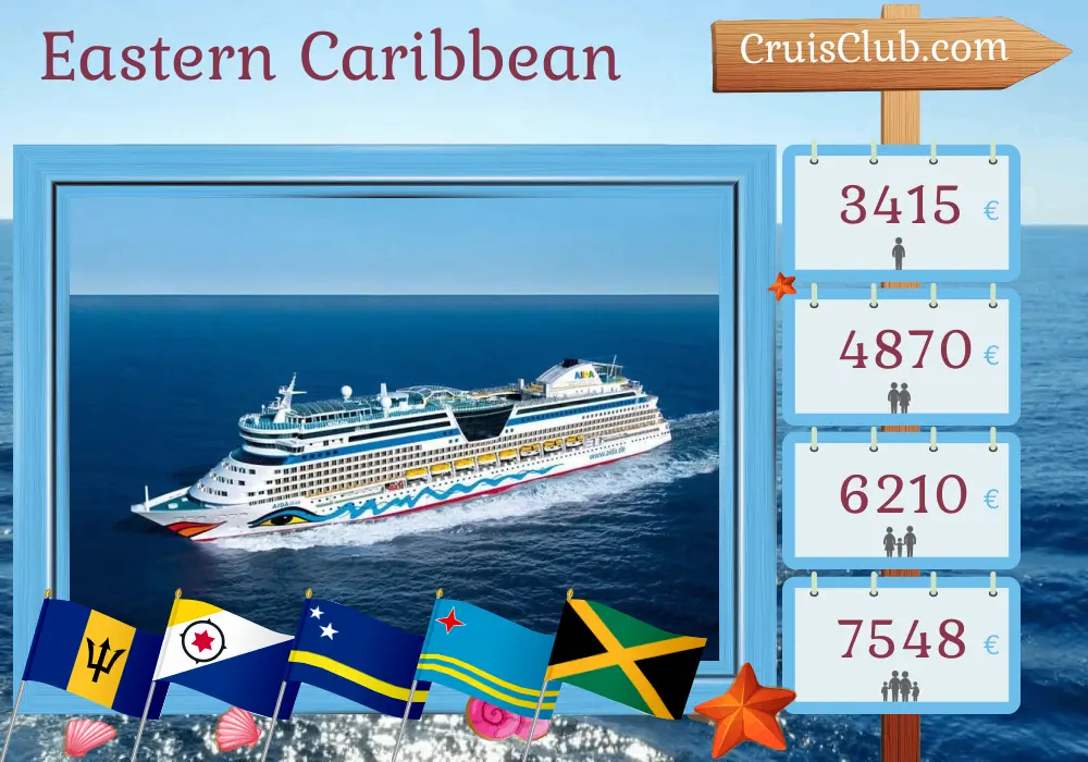 Cruise in the Eastern Caribbean from Bridgetown to Montego Bay aboard AIDAdiva ship with visits to Barbados, Curaçao, Aruba, and Jamaica for 15 days