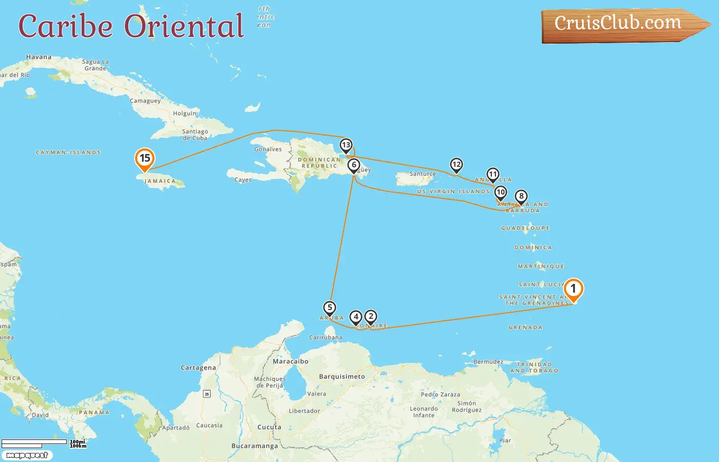 Crucero en el Caribe Oriental de Bridgetown a Montego Bay a bordo del barco AIDAdiva con visitas a Barbados, Curazao, Aruba y Jamaica durante 15 días