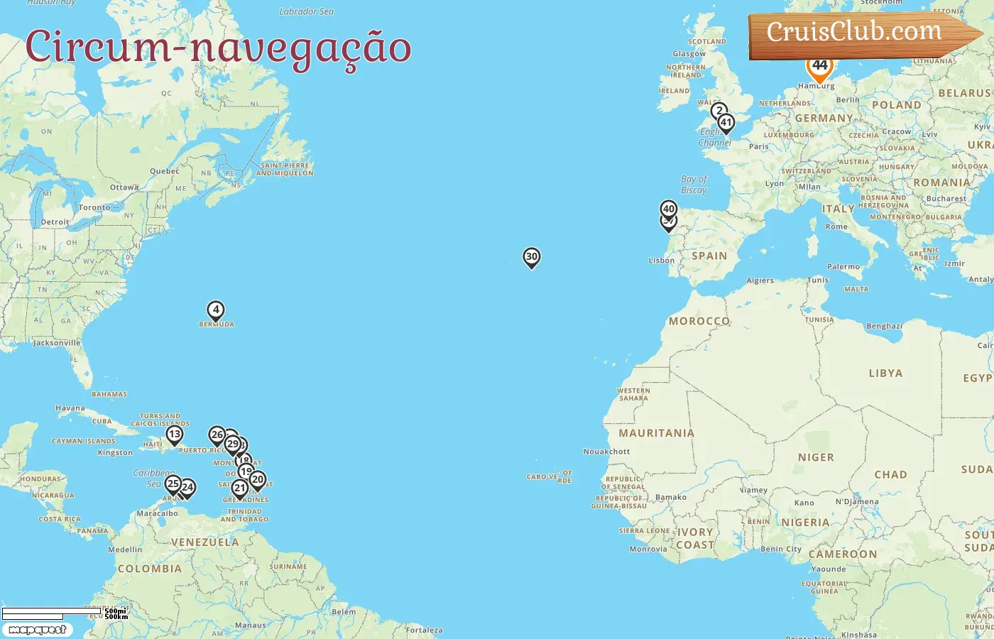 Cruzeiro Mundial de Hamburgo a bordo do navio AIDAluna com visitas à Alemanha, Bermudas, Barbados, Granada, Curaçao, Aruba, Portugal, Espanha e França por 44 dias