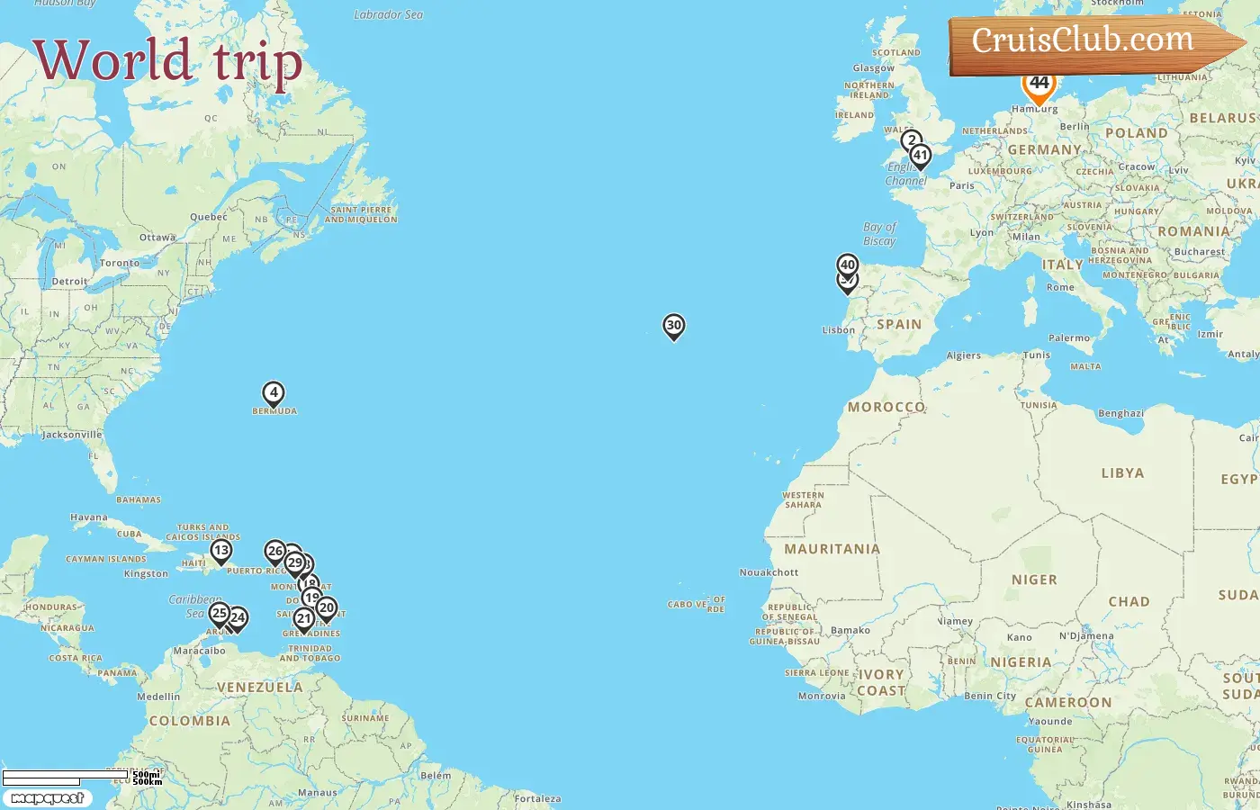 Cruise in the World trip from Hamburg aboard AIDAluna ship with visits to Germany, Bermuda, Barbados, Grenada, Curaçao, Aruba, Portugal, Spain, and France for 44 days