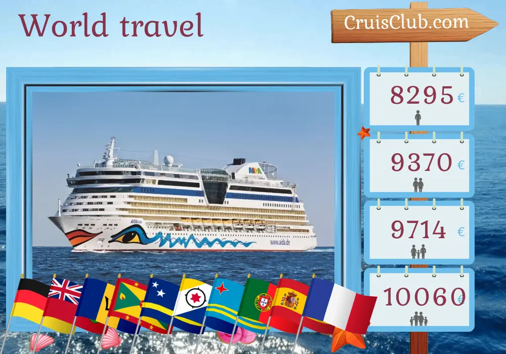 Weltreise-Kreuzfahrt ab Hamburg mit dem Schiff AIDAluna und Besuchen in Deutschland, Bermuda, Barbados, Grenada, Curaçao, Aruba, Portugal, Spanien und Frankreich für 44 Tage