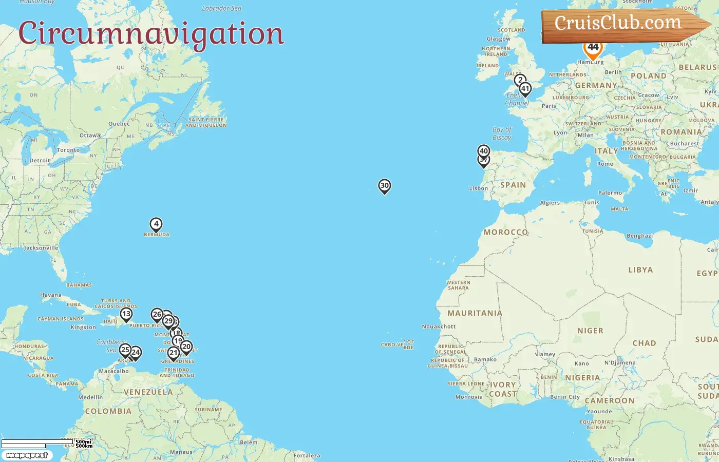 Croisière dans le monde au départ d`Hambourg à bord du navire AIDAluna avec des escales en Allemagne, aux Bermudes, à la Barbade, à la Grenade, à Curaçao, à Aruba, au Portugal, en Espagne et en France pendant 44 jours
