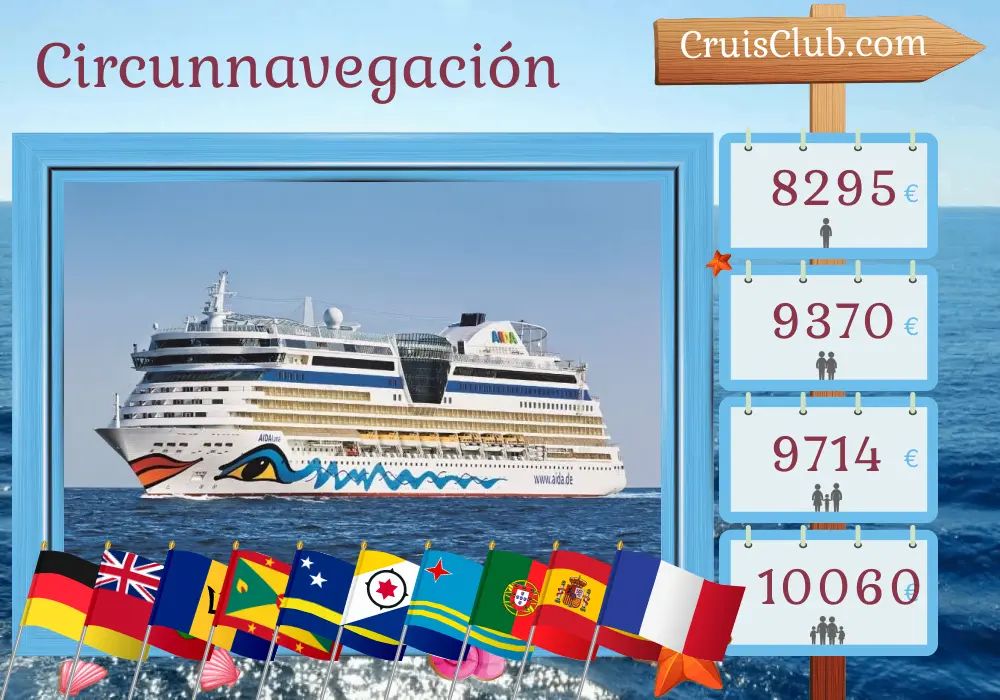 Crucero en el viaje por el mundo desde Hamburgo a bordo del barco AIDAluna con visitas a Alemania, Bermudas, Barbados, Granada, Curazao, Aruba, Portugal, España y Francia durante 44 días