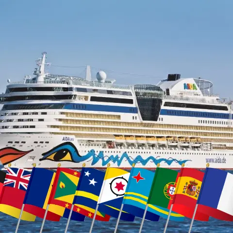 Cruise in the World trip from Hamburg aboard AIDAluna ship with visits to Germany, Bermuda, Barbados, Grenada, Curaçao, Aruba, Portugal, Spain, and France for 44 days