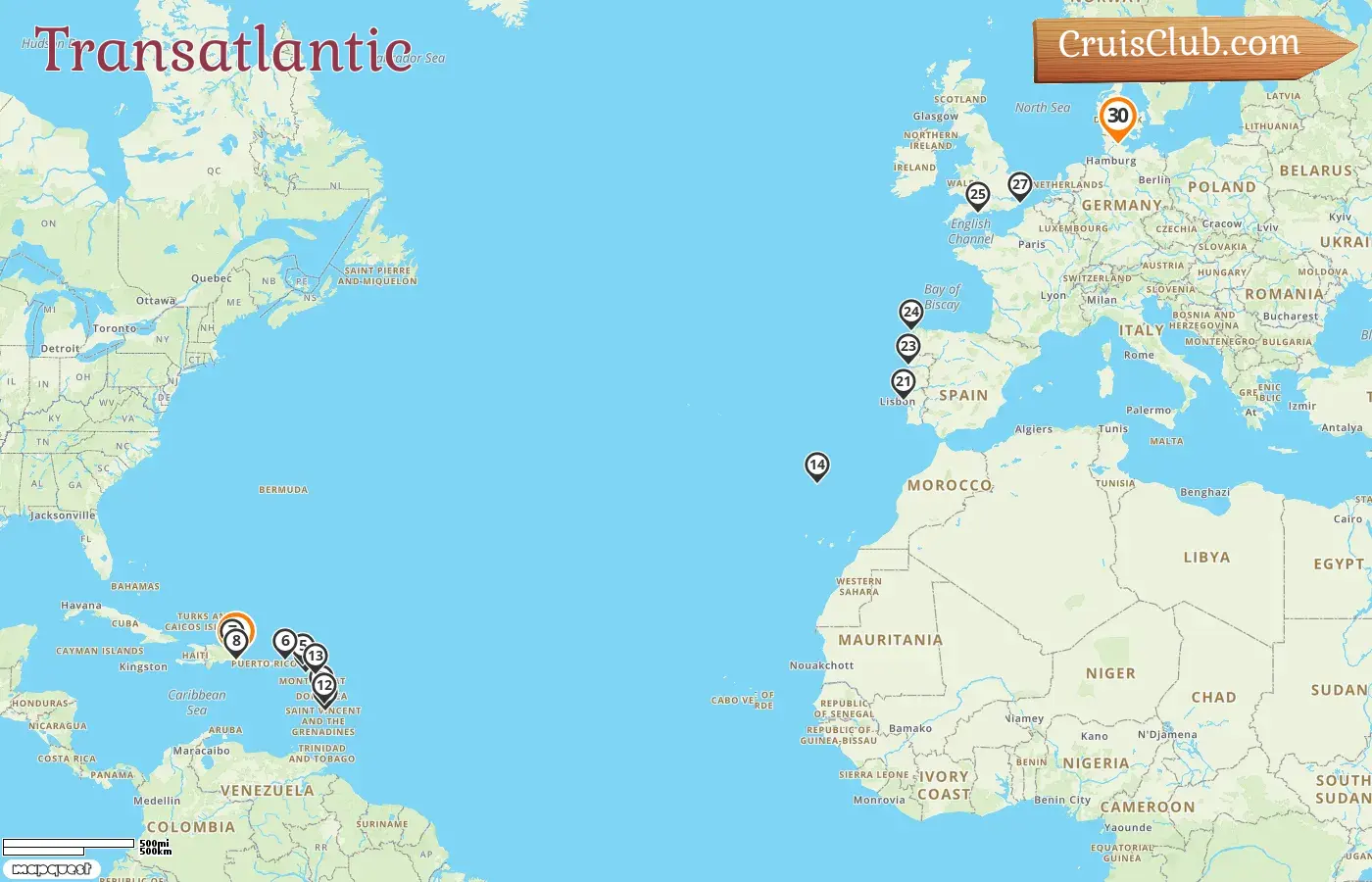 Cruise in the Transatlantic from La Romana to Kiel aboard AIDAbella ship with visits to for 30 days