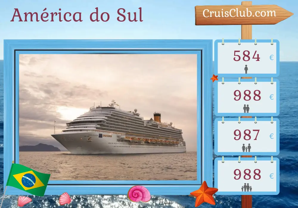 Cruzeiro na América do Sul saindo de Itajaí a bordo do navio Costa Diadema com visitas ao Brasil por 4 dias