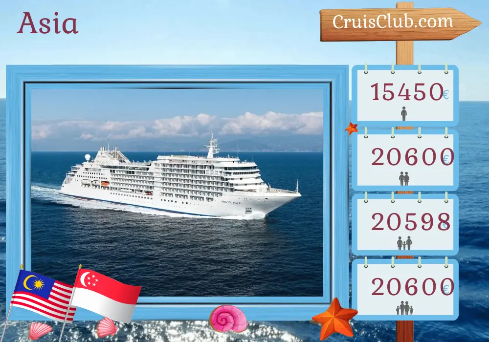 Cruise in the Asia from Mumbai / Bombay to Singapore aboard Silver Muse ship with visits to India, Sri Lanka, Thailand, Malaysia, and Singapore for 19 days