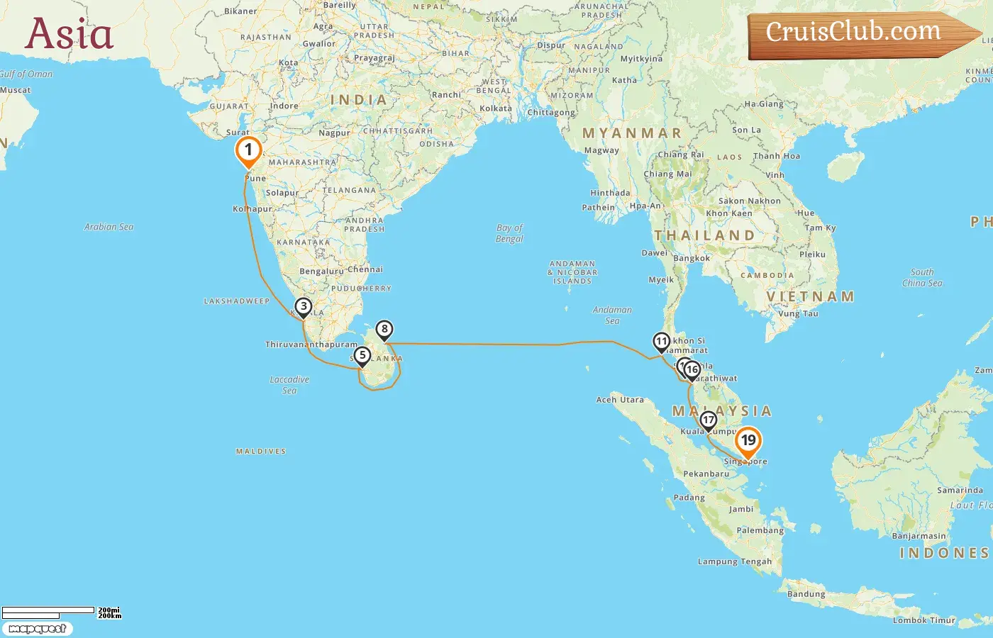 Cruise in the Asia from Mumbai / Bombay to Singapore aboard Silver Muse ship with visits to India, Sri Lanka, Thailand, Malaysia, and Singapore for 19 days