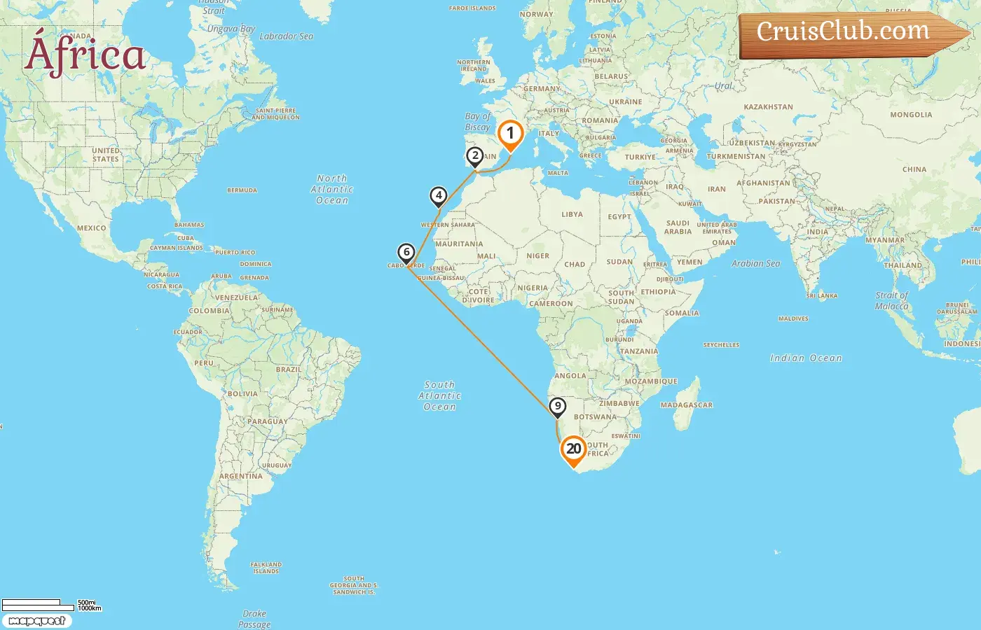Cruzeiro na África de Palma a Cidade do Cabo a bordo do navio AIDAstella com visitas à Espanha, Namíbia e África do Sul por 20 dias